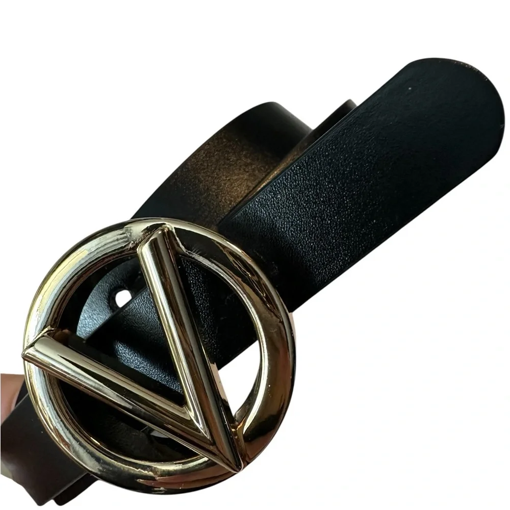 Mario Valentino Black Leather Baby Belt with Gold Tone Buckle Large